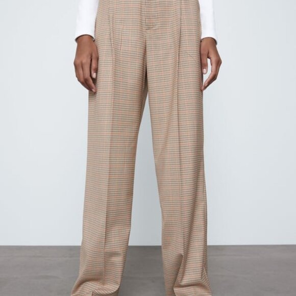 Zara brown houndstooth wide leg pants w/ pockets, pleats & belt loops, sz S - Picture 6 of 6